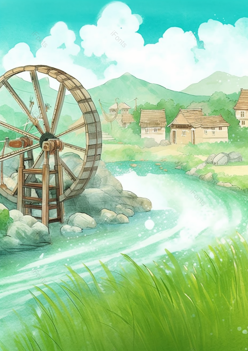 蓝天白云山间河流风车农田插画水墨画背景,插画/手绘图,插画/手绘图库,插画/手绘图下载,插画/手绘